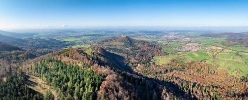 Aerial view, panorama from the Albtrauf over a mixed forest on the 956 metre high Raichberg to the