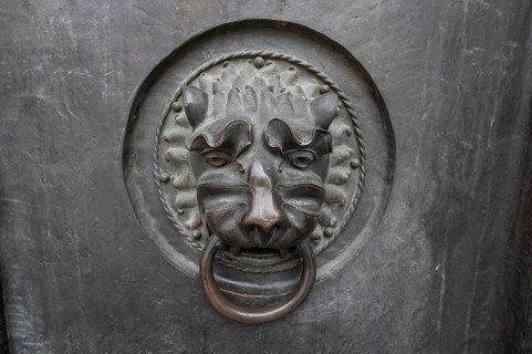 Lion's head as door opener at the entrance portal of St Lorenz Church, Nuremberg, Middle Franconia,