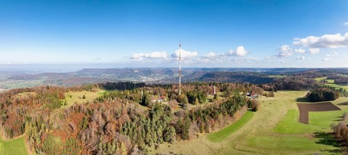 Aerial view, panorama of the 137 metre high steel tube mast of the Südwestrundfunk, SWR, Raichberg