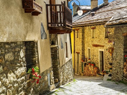 Road to border pass Great Sankt Bernhard (Col du Grand Saint-Bernard), mountain village of Bourg de