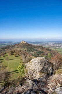 View from the Zeller Horn vantage point on the Albtrauf over the Zollernalb with Hohenzollern
