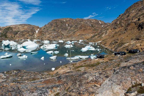 Icebergs, Austrian polar station or polar research station Sermilik, Ammassalik Island, East