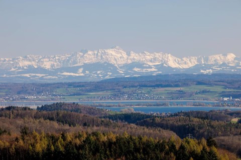 A wide landscape with a lake and snow-capped mountains of Säntis in the Alpstein in the background