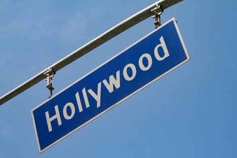 Hollywood street sign at traffic lights in America