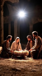 A reverent nativity scene featuring Mary, Joseph, and the baby Jesus illuminated by a bright star
