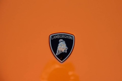 Nicosia Cyprus, September 29 2022: Antique logo of a Lamborghini luxury car. Front view of classic