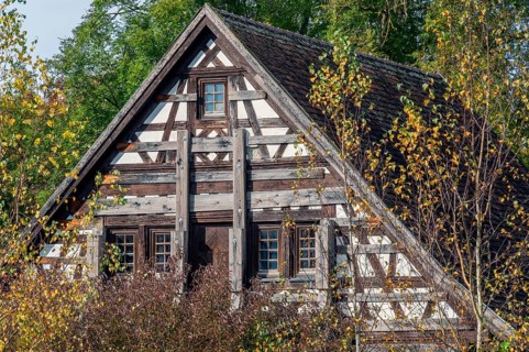 Old half-timbered house with supports, Bad Wurzach, Allgäu, Baden-Württemberg, Germany, Europe