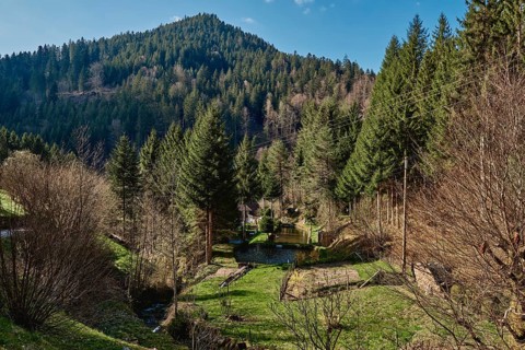 Panoramic view of beautiful mountain landscape in the Bavarian Alps with village of Berchtesgaden