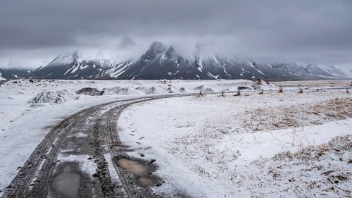 Typical Icelandic snowy nature mountain landscape near Arnarstapi area in Snaefellsnes peninsula in