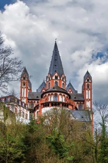 Catholic Cathedral of Limburg is high location on a rock above the Lahn river, Germany, Europe