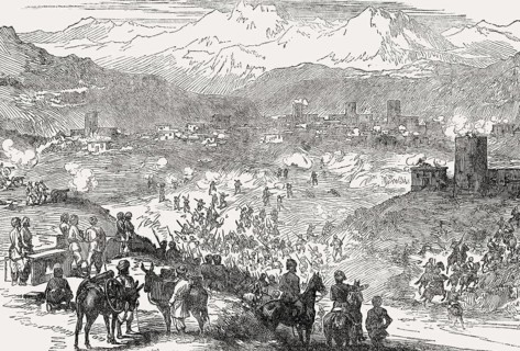 Attack on a town, scene from Anglo-Zulu War, 1879, From British Battles on Land and Sea, by James