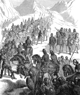 Pepin the Younger, or Pippin the Short, c. 714-768, King of the Franks, crossing the Alps with his