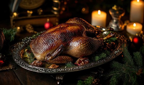 A large roasted turkey is on a silver platter with a variety of garnishes, including nuts and