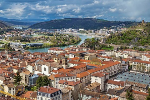 An aerial view of Vienne from hill of Pipet, France, Europe