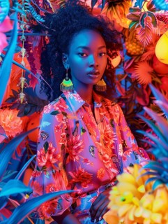 Woman in a floral dress with neon lighting and vibrant tropical backdrop, exuding elegance and