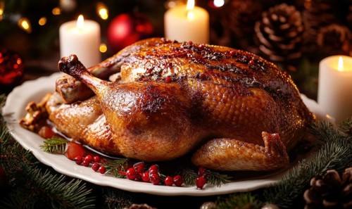 A large roasted turkey is sitting on a white plate with a red and green Christmas tree in the