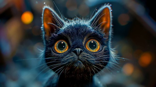 A black kitten with big orange eyes and wet fur stares at night, featuring a shiny bokeh