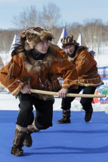 PETROPAVLOVSK CITY, KAMCHATKA PENINSULA, RUSSIA, MAR 1, 2018: Incendiary dance of indigenous