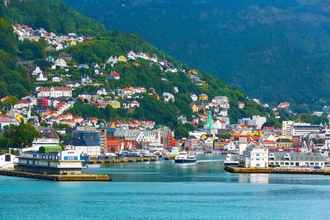 Bergen, Norway city view with Bryggen old wharf, port and colorful traditional houses at Bryggen