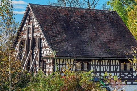 Old half-timbered house with supports, Bad Wurzach, Allgäu, Baden-Württemberg, Germany, Europe