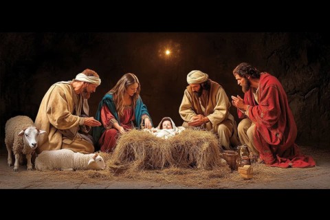 Classic depiction of the Nativity in a stable. Mary, Joseph, and shepherds surround and adore baby
