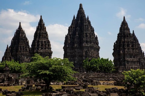 Prambanan temple on Java in Indonesia with black tower