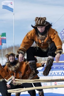 PETROPAVLOVSK CITY, KAMCHATKA PENINSULA, RUSSIA, MAR 1, 2018: Incendiary dance of indigenous