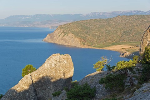 The Black Sea coast. Sunny morning. View to the west from the top of the Karaul-Oba. Novyy Svet,