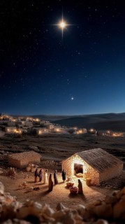 A serene nativity scene set in the village of Bethlehem, illuminated by a bright guiding star under
