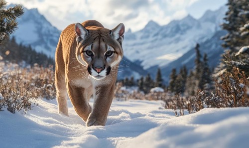 A mountain lion strides along a snowy path amidst a backdrop of mountains and forest, creating a
