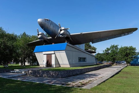 KAMCHATKA PENINSULA, RUSSIAN FAR EAST, AUG 6, 2018: Monument to Soviet military transport aircraft