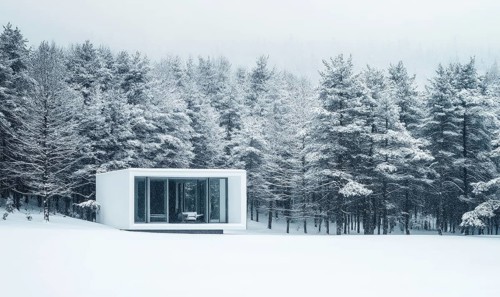 A small white cabin is surrounded by trees covered in snow. The cabin is empty and the snow is