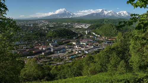 PETROPAVLOVSK CITY, KAMCHATKA PENINSULA, RUSSIAN FAR EAST, JULY 8, 2018: Summer panoramic cityscape