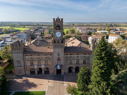 Busseto, Parma, Italy November 3rd 2024 Aerial view of palazzo orlandi torre, town hall, showcasing