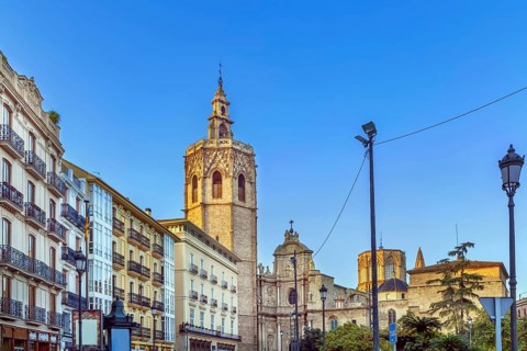 View of Valencia Cathedral or Basilica of the Assumption of Our Lady of Valencia from Plaza de la