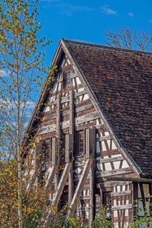 Old half-timbered house with supports, Bad Wurzach, Allgäu, Baden-Württemberg, Germany, Europe