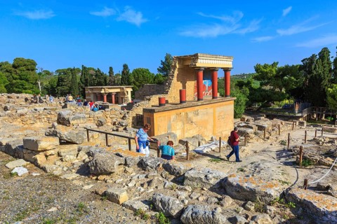 Knossos, Greece, April 27, 2019: People visiting Crete landmark, ruins of Minoan Palace, Europe