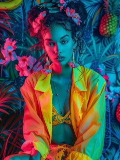 Stylish portrait with a neon tropical theme, featuring a woman in a yellow jacket with floral