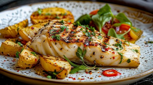 Grilled fish with lemon wedges and fresh salad on a decorative plate, garnished with herbs, AI