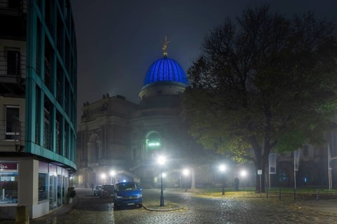 The old town of Dresden shrouded in November fog. Salzgasse with Albertinum, Lipsiusbau octagonal