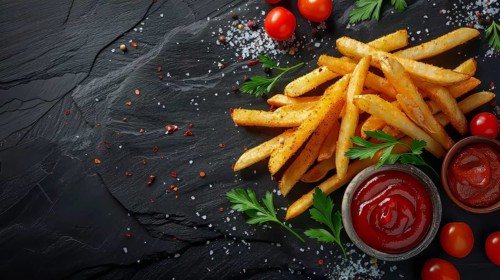 Crispy french fries with parsley, cherry tomatoes, and ketchup on a dark slate background with