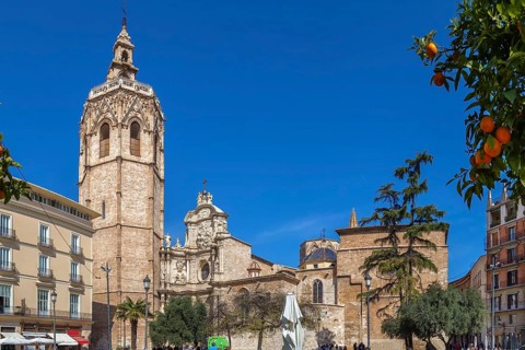 View of Valencia Cathedral or Basilica of the Assumption of Our Lady of Valencia from Plaza de la