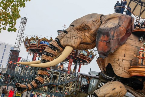 Tourist attraction The Great Elephant and Carrousel des Mondes Marins on the Ile de Nantes in the