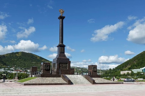 PETROPAVLOVSK-KAMCHATSKY, KAMCHATKA, RUSSIA, SEP 07, 2015: Scenic view of the stela City of