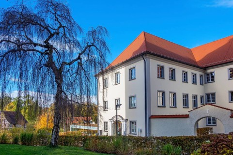 Maria rose garden, former woman's convent, left: silver birch (Betula pendula), Bad Wurzach,