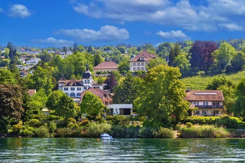 View if shores of Lake Zurich, Switzerland, Europe