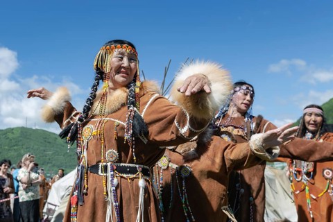 PETROPAVLOVSK CITY, KAMCHATKA PENINSULA, RUSSIA, JULY 11, 2015: Women in national clothing