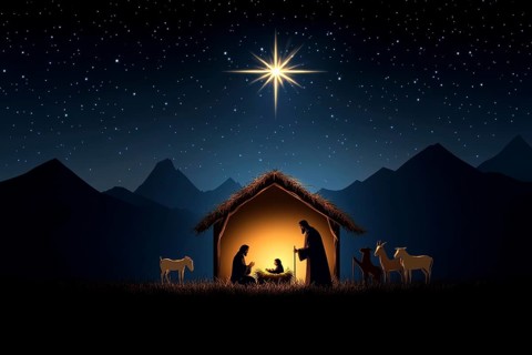A serene depiction of the nativity scene, showing the holy family illuminated in a humble stable