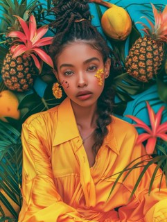 Portrait of a woman surrounded by tropical elements, wearing a bright yellow shirt with flowers and