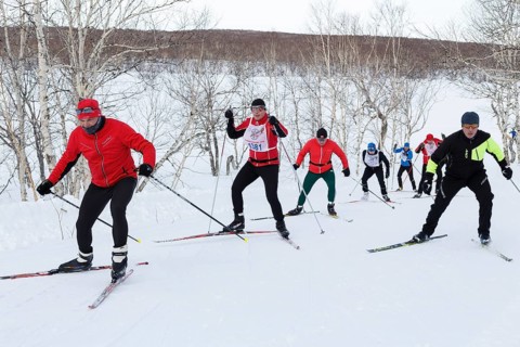 PETROPAVLOVSK CITY, KAMCHATKA PENINSULA, RUSSIAN FAR EAST, FEBRUARY 10, 2018: Skiers running on ski